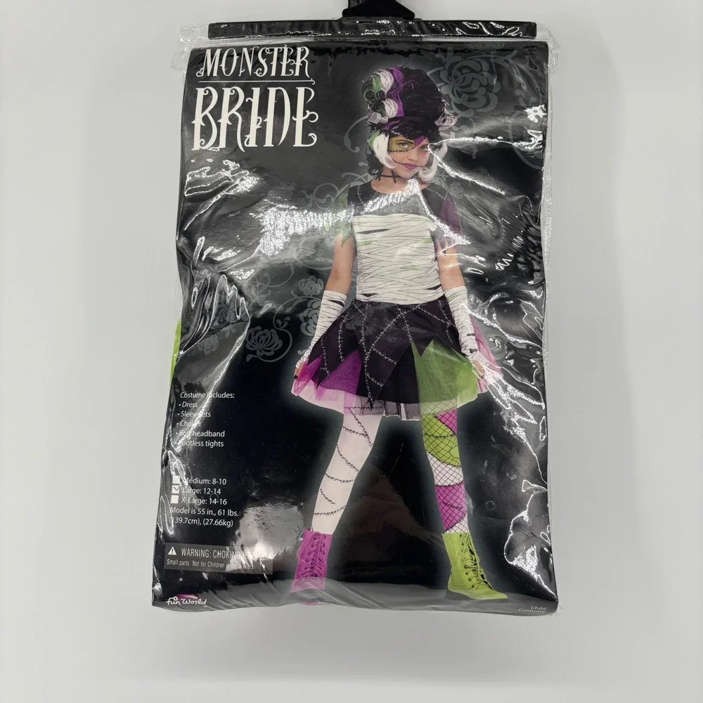 Monster Bride Girls Costume Set Large 12-14 Black Green Purple 5pc Fun World
